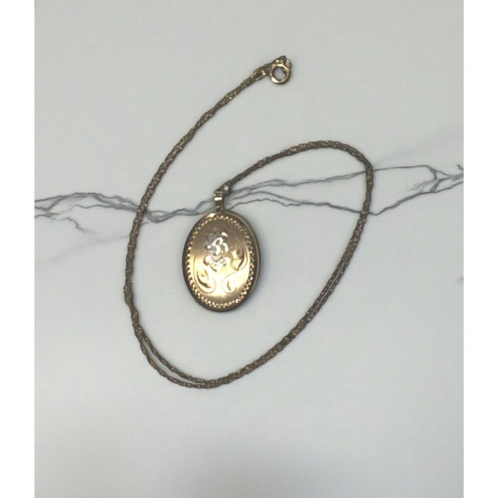 Vintage 14K Gold Filled Locket Two Tone Hand Engraved Floral Oval Photo Pendant